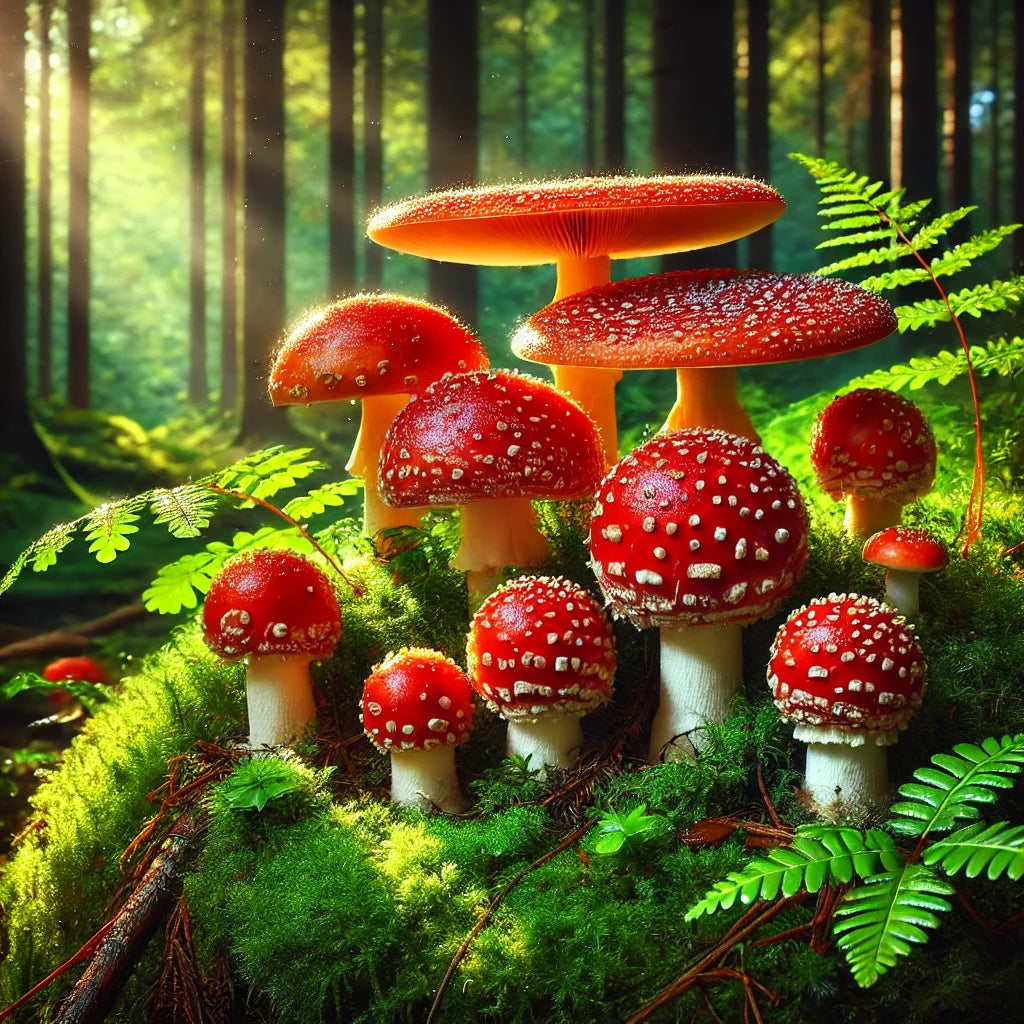 A vibrant image of Amanita mushrooms